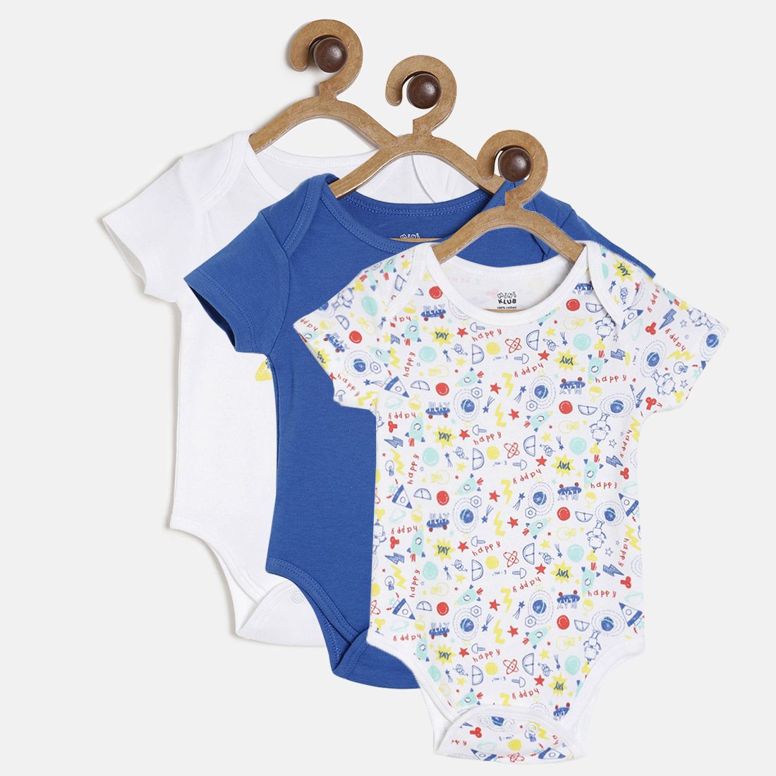 Baby Boys Blue & White Printed Cotton Bodysuit Pack of 3 for Daily Wear