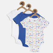 Baby Boys Blue & White Printed Cotton Bodysuit Pack of 3 for Daily Wear