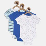Baby Boys Blue & White Printed Cotton Bodysuit Pack of 3 for Daily Wear