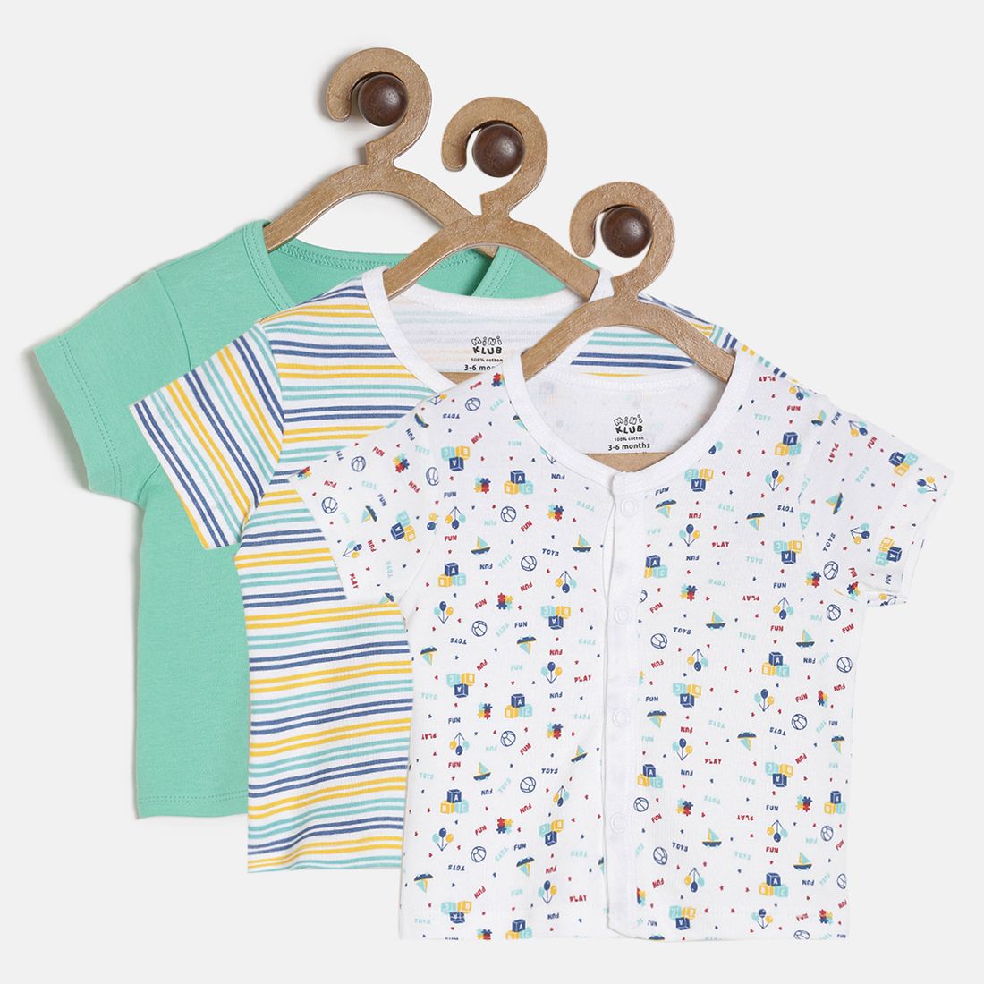 Baby Boys Green, White & Blue Cotton Printed & Striped T-Shirts Pack of 3 Regular Fit Casual Kids T-Shirts