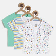 Baby Boys Green, White & Blue Cotton Printed & Striped T-Shirts Pack of 3 Regular Fit Casual Kids T-Shirts