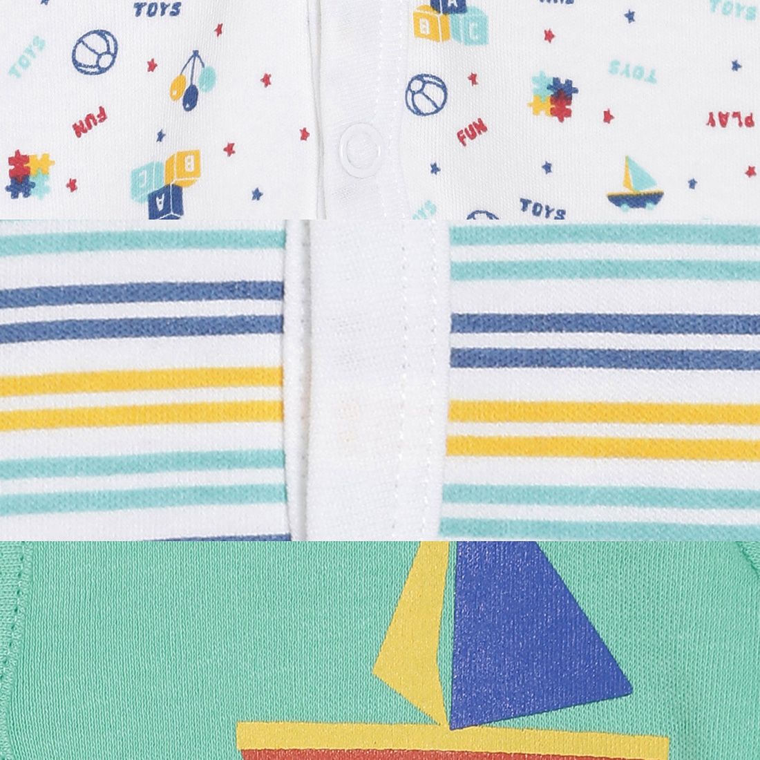 Baby Boys Green, White & Blue Cotton Printed & Striped T-Shirts Pack of 3 Regular Fit Casual Kids T-Shirts