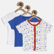 Baby Boys White, Blue & Red Cotton Printed & Solid Front Open Vests Pack of 3 Regular Fit Casual Kids Vests