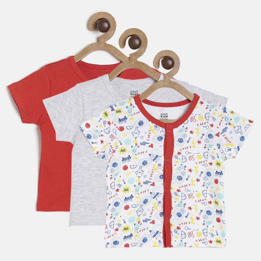 Baby Boys Red, Grey & White Cotton Printed & Solid Front Open Vests Pack of 3 Regular Fit Casual Kids