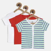 Baby Boys White, Red & Green Cotton Solid & Striped Front Open Vests Pack of 3 Regular Fit Casual Kids