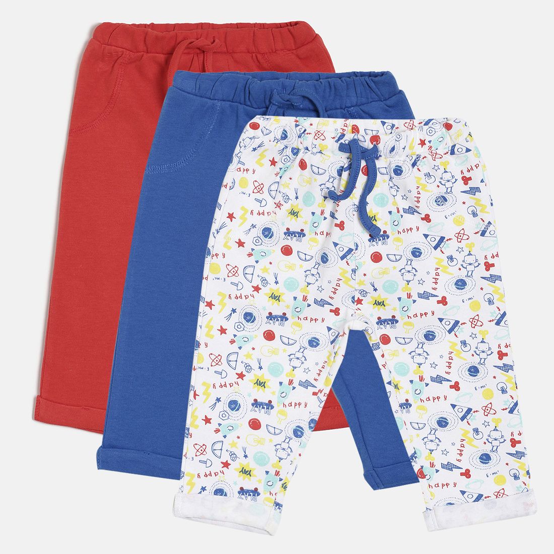 Baby Boys Red, Blue & White Cotton Printed & Solid Joggers Pack of 3 Regular Fit Casual Kids Bottom Wear