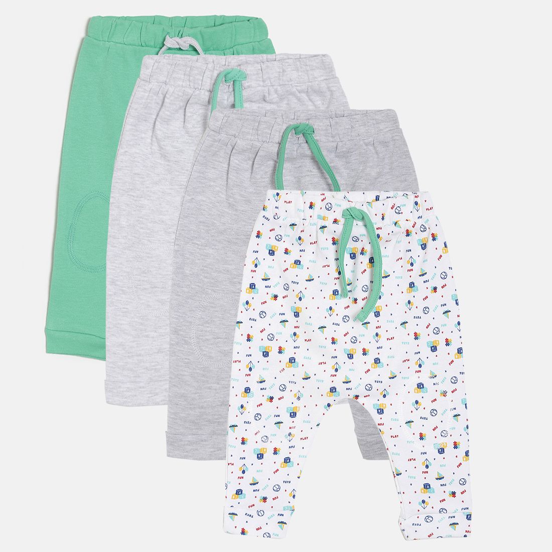 Baby Boys Green, Grey & White Cotton Printed & Solid Joggers Pack of 4 Regular Fit Casual Kids Bottom Wear