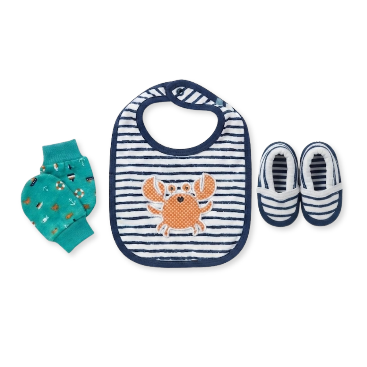 Baby Navy Blue White and Teal Cotton Bib Mittens and Booties Set Crab Design Newborn Essentials