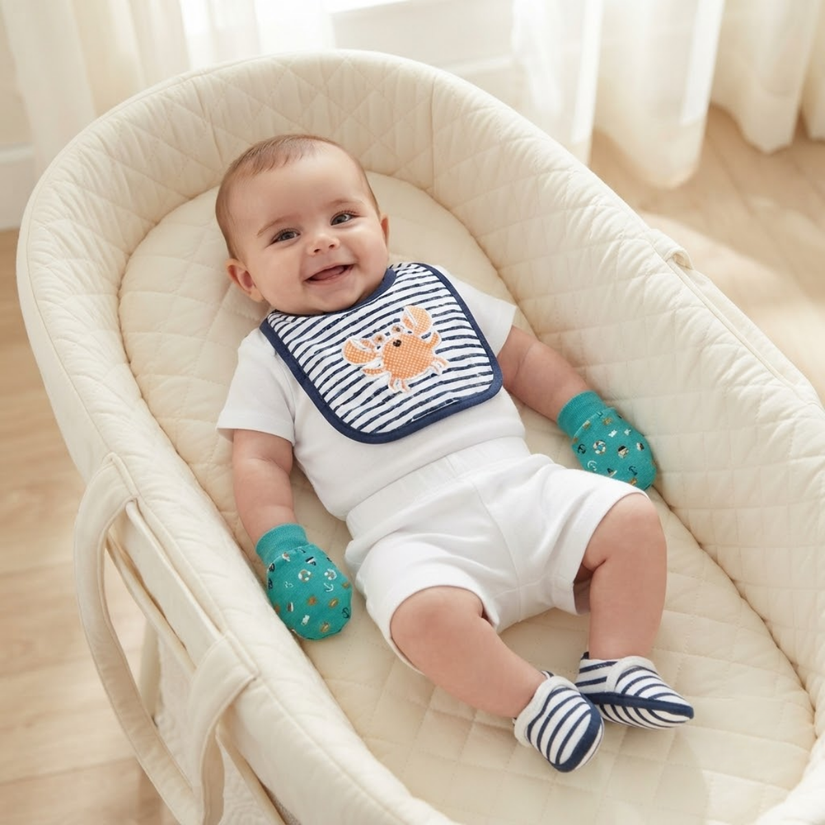 Baby Navy Blue White and Teal Cotton Bib Mittens and Booties Set Crab Design Newborn Essentials