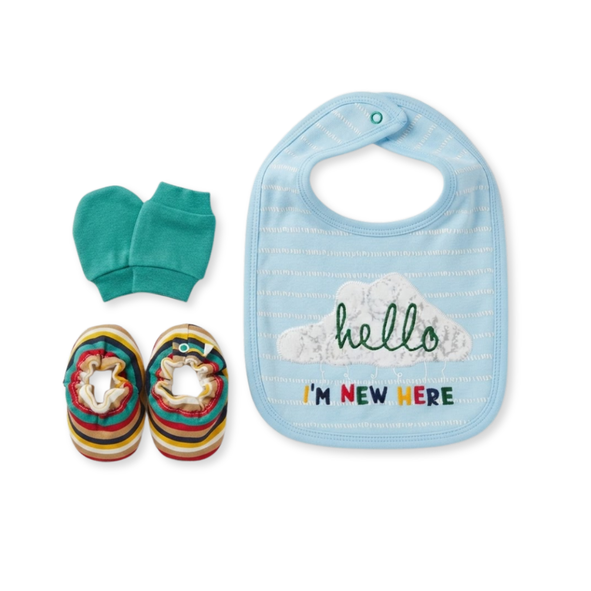 Baby Light Blue Teal and Striped Cotton Bib Mittens and Booties Set Newborn Essentials