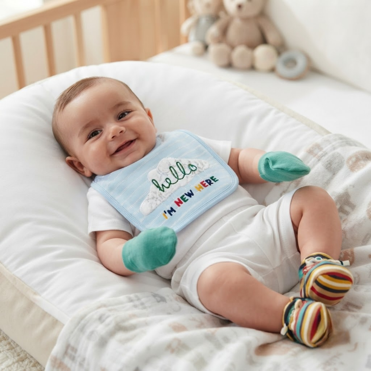Baby Light Blue Teal and Striped Cotton Bib Mittens and Booties Set Newborn Essentials