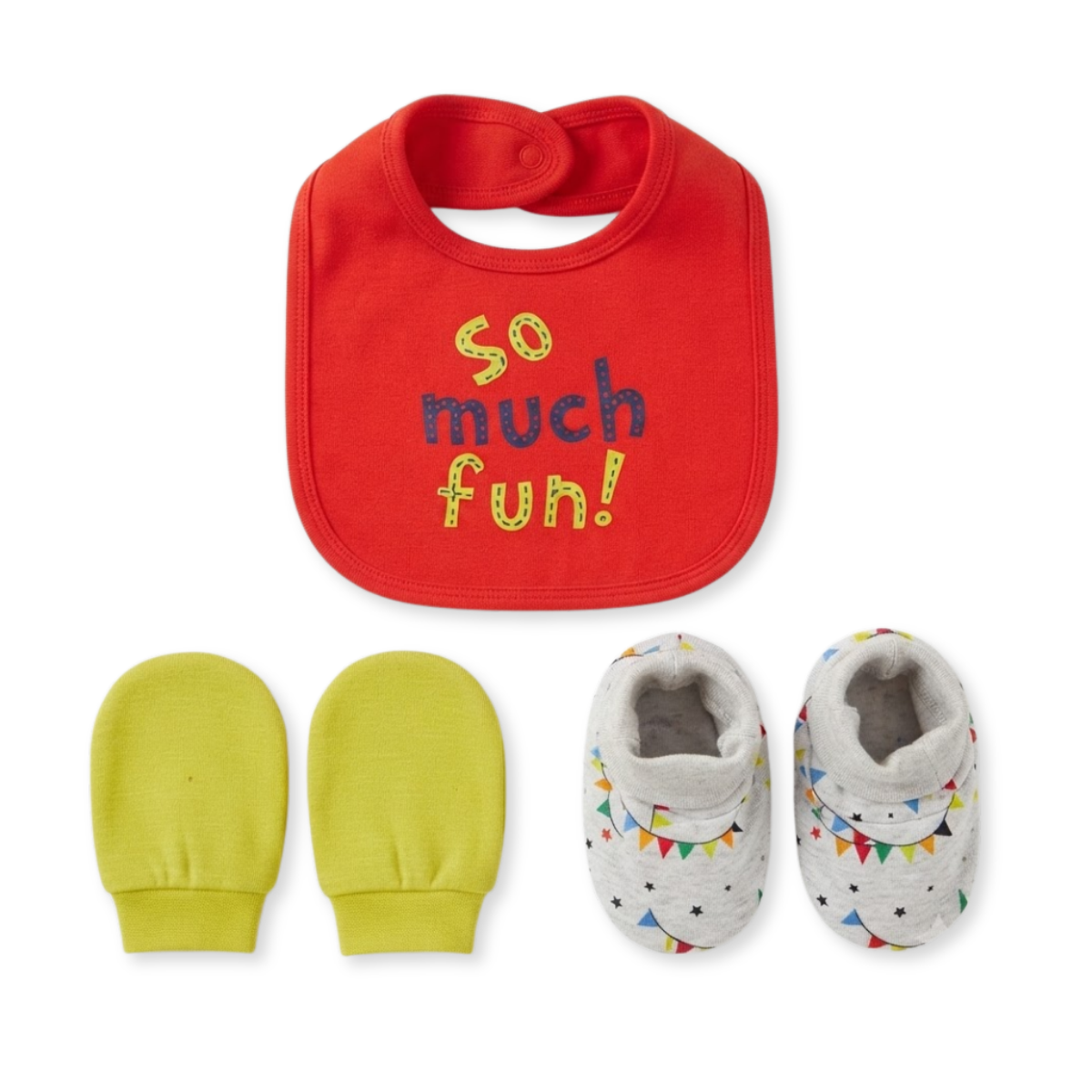 Baby Red Lime Green and Grey Cotton Bib Mittens and Booties Set Printed Newborn Essentials