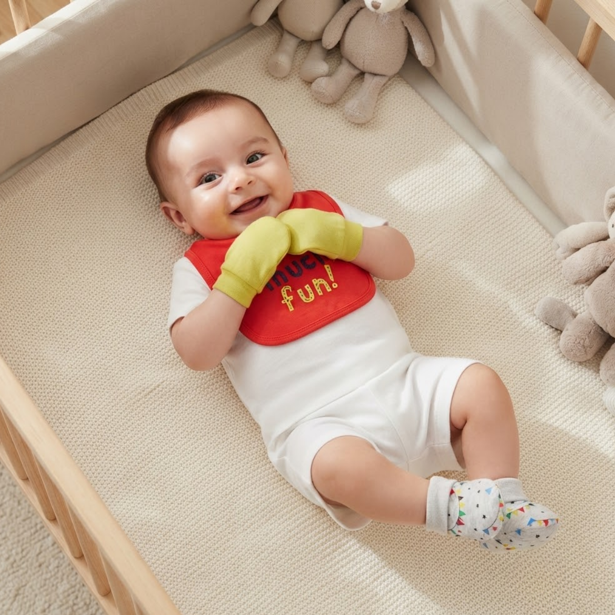 Baby Red Lime Green and Grey Cotton Bib Mittens and Booties Set Printed Newborn Essentials