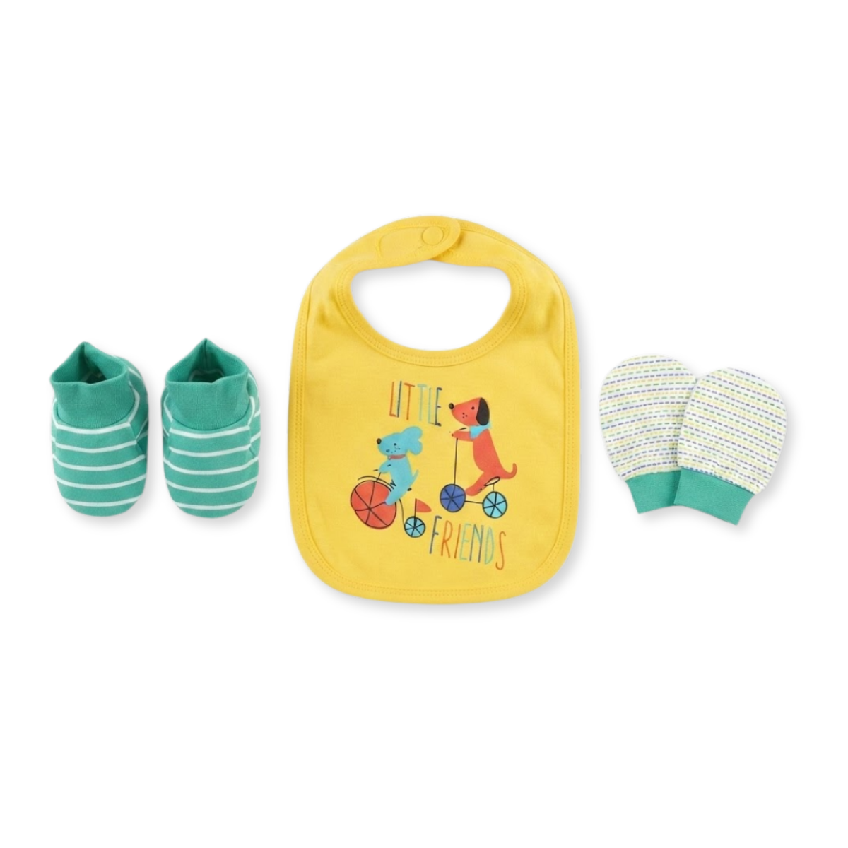 Baby Yellow Teal and White Cotton Bib Mittens and Booties Set Little Friends Newborn Essentials