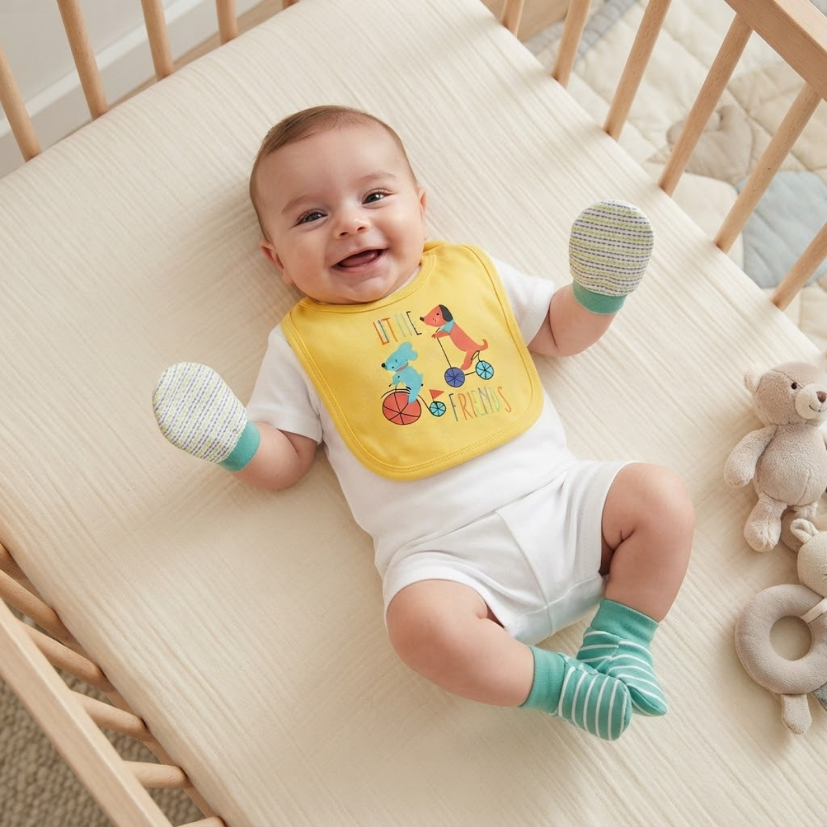 Baby Yellow Teal and White Cotton Bib Mittens and Booties Set Little Friends Newborn Essentials