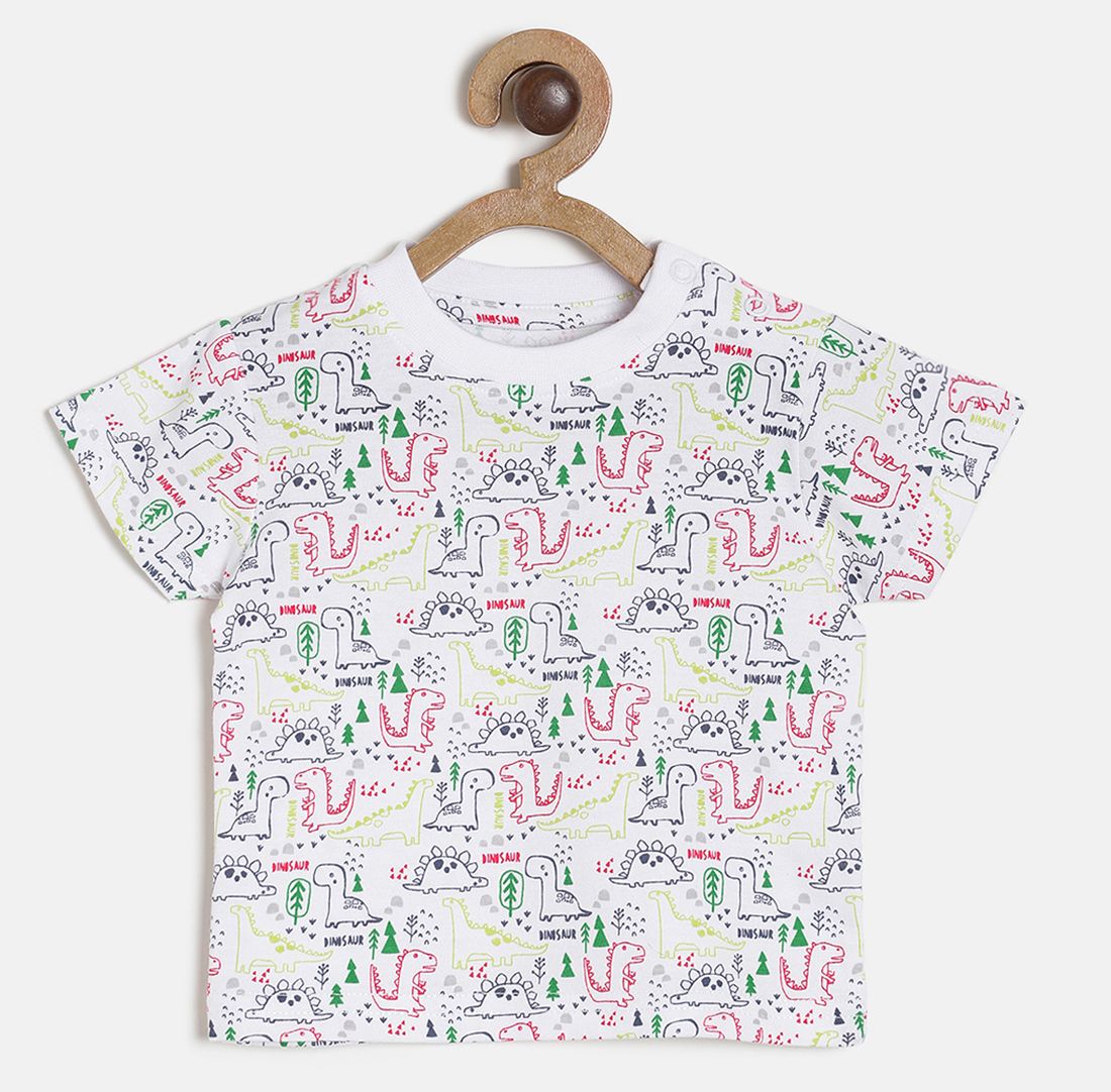 Baby Boys White Dinosaur Print Cotton T-Shirt Regular Fit Casual Baby T-Shirt