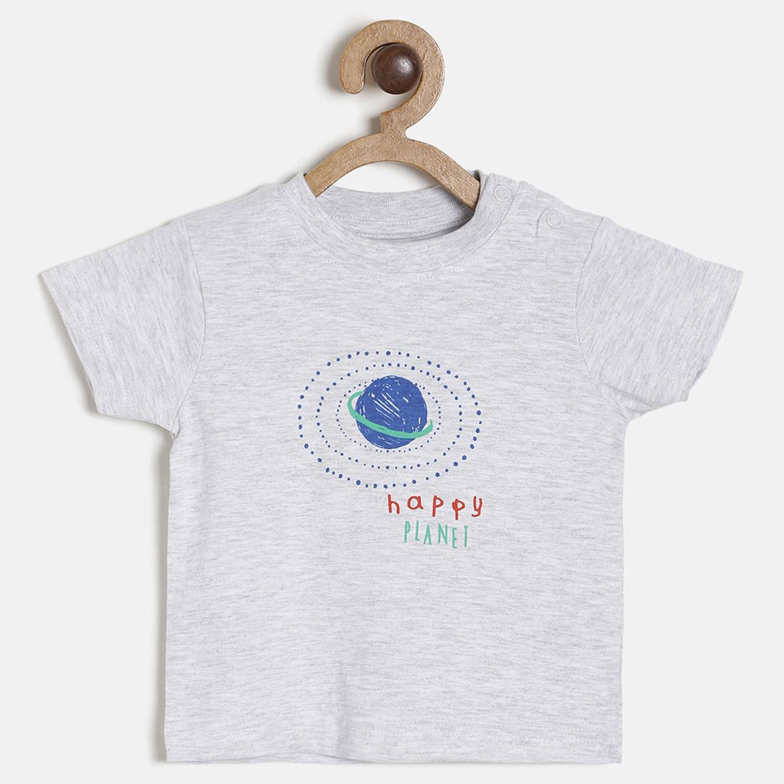 Baby Boys Grey Melange Happy Planet Print Cotton T-Shirt Regular Fit Casual Baby T-Shirt