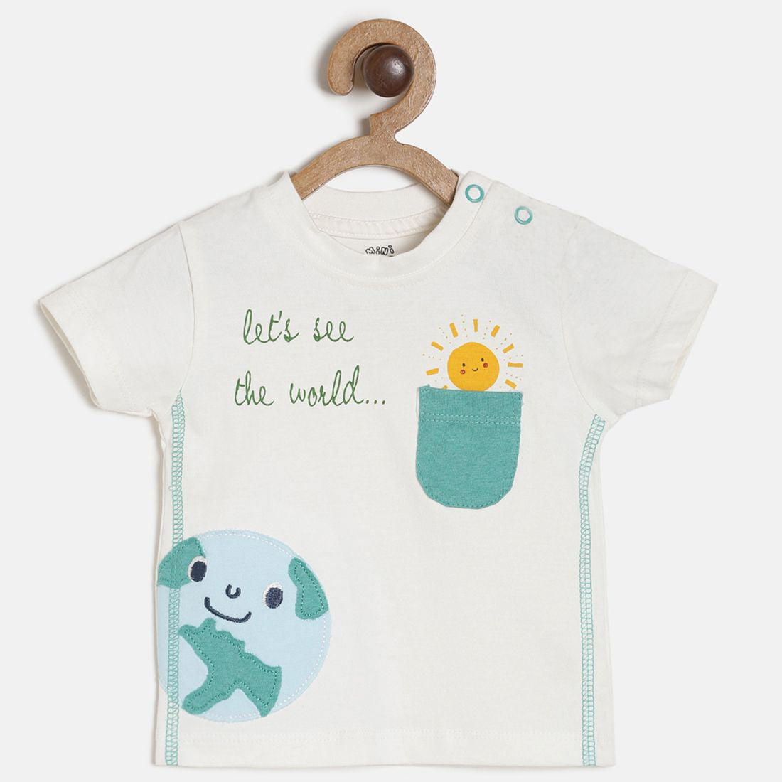 Baby Boys White Earth Applique Cotton T-Shirt Regular Fit Casual Baby T-Shirt