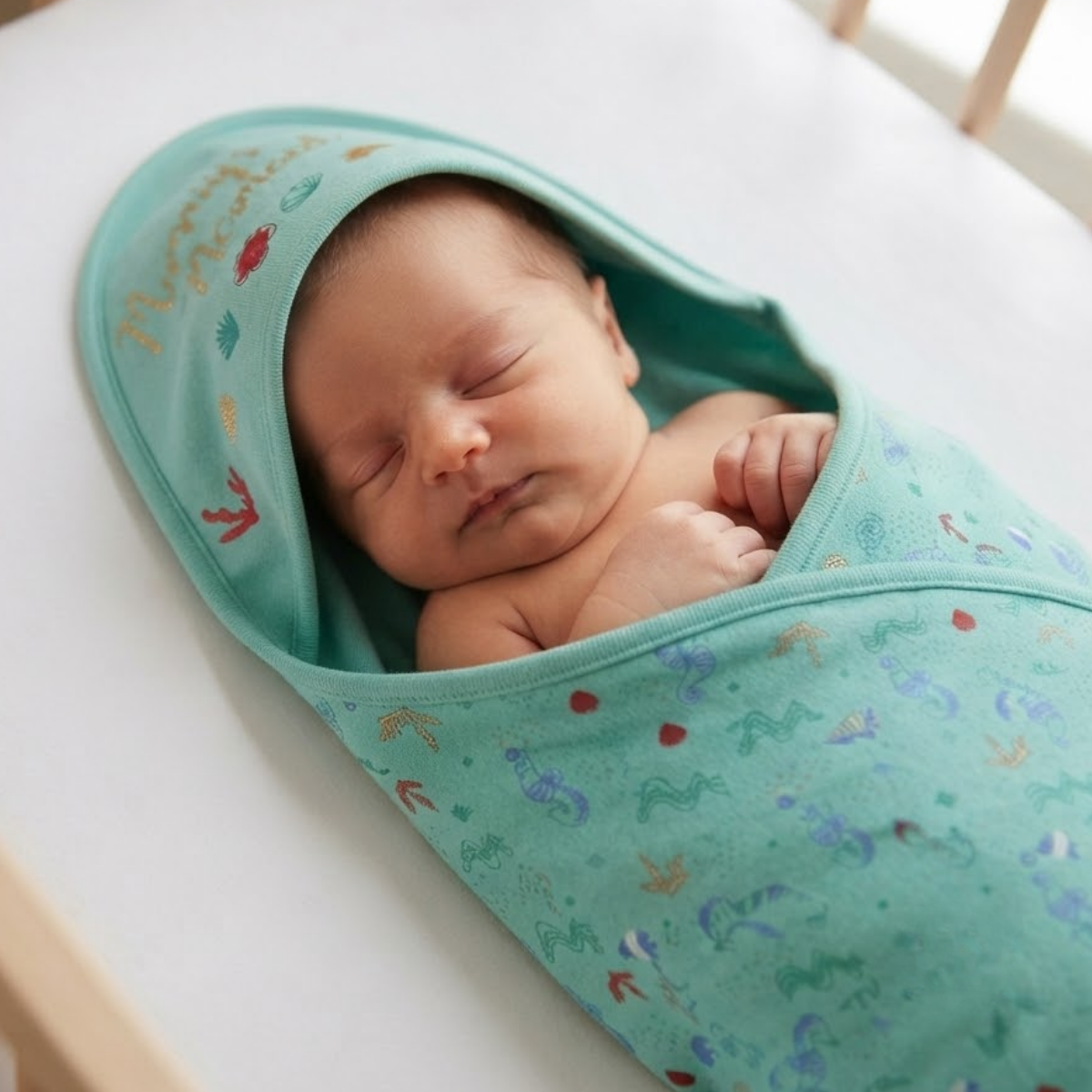 Baby Aqua Cotton Hooded Wrapper Sea Print Soft Newborn Essential