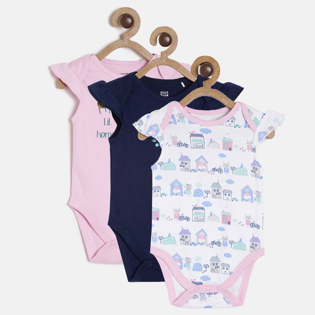 Baby Girls White, Pink & Navy Blue Cotton Bodysuit Pack of 3 Regular Fit Casual Baby Bodysuit