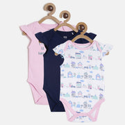 Baby Girls White, Pink & Navy Blue Cotton Bodysuit Pack of 3 Regular Fit Casual Baby Bodysuit