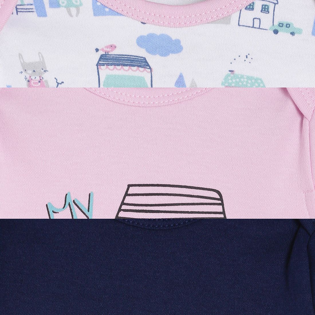 Baby Girls White, Pink & Navy Blue Cotton Bodysuit Pack of 3 Regular Fit Casual Baby Bodysuit