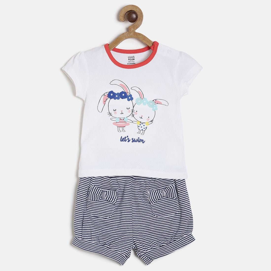 Baby Girls White & Navy Cotton Top With Shorts Set Regular Fit Casual Baby Clothing Set