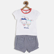 Baby Girls White & Navy Cotton Top With Shorts Set Regular Fit Casual Baby Clothing Set