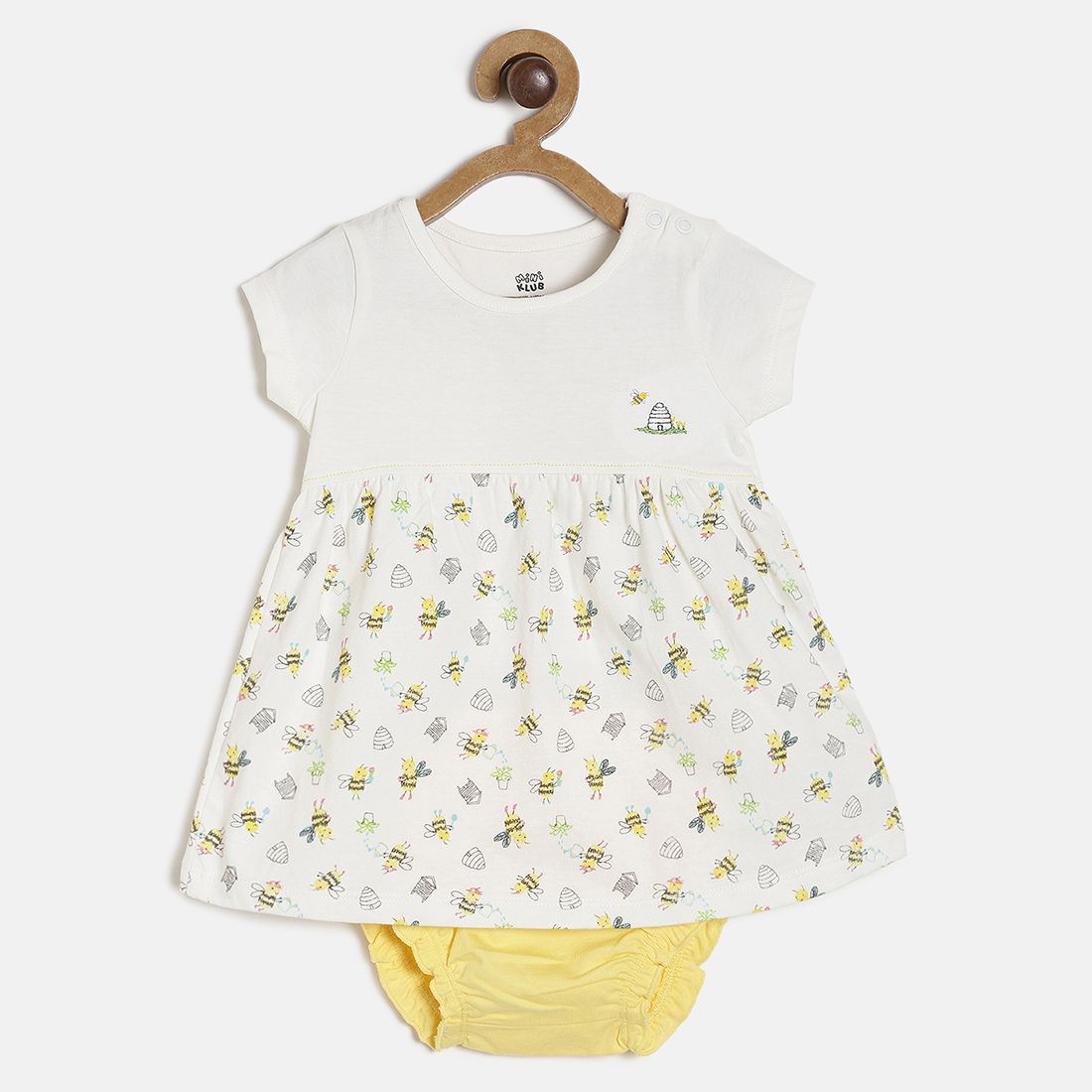 Baby Girls White & Yellow Cotton Printed Dress With Bloomers Regular Fit Casual Baby Clothing Set