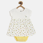 Baby Girls White & Yellow Cotton Printed Dress With Bloomers Regular Fit Casual Baby Clothing Set