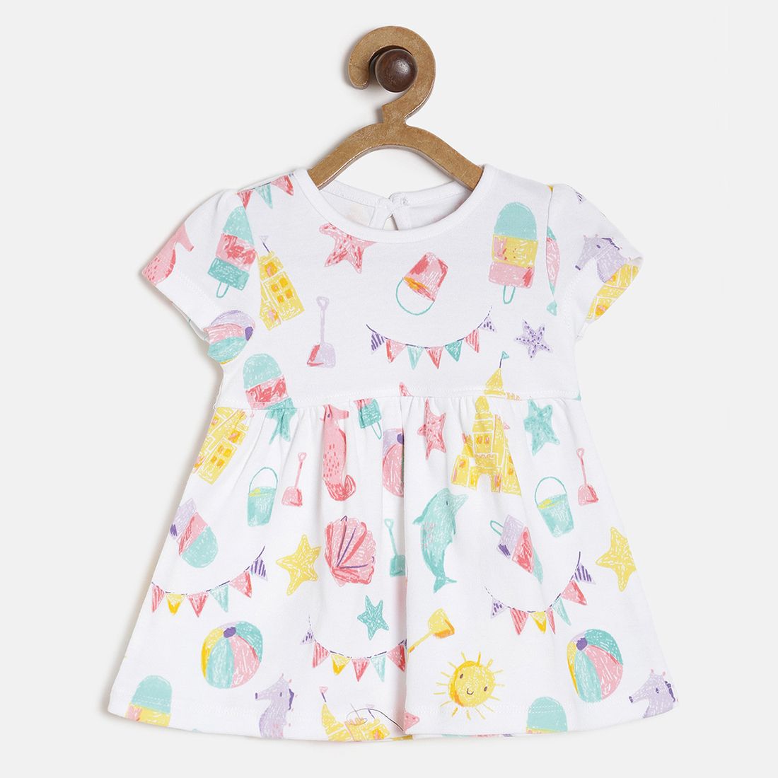 Baby Girls White Beach Print Cotton Dress Regular Fit Casual Baby Dress