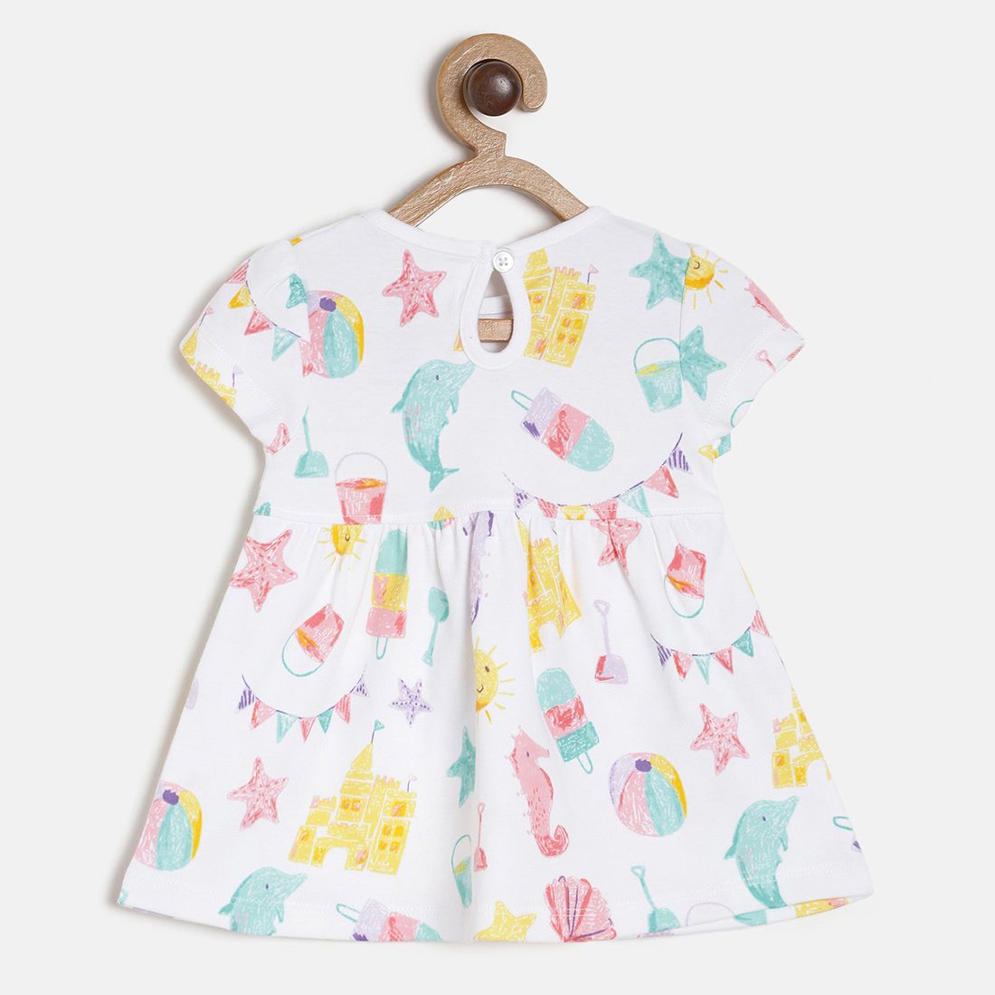 Baby Girls White Beach Print Cotton Dress Regular Fit Casual Baby Dress