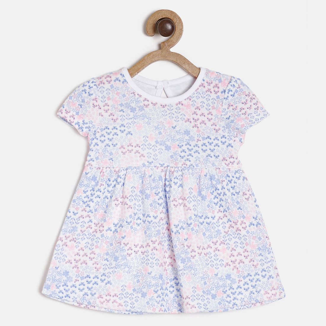 Baby Girls White & Blue Floral Printed Cotton Dress Regular Fit Casual Baby Dress