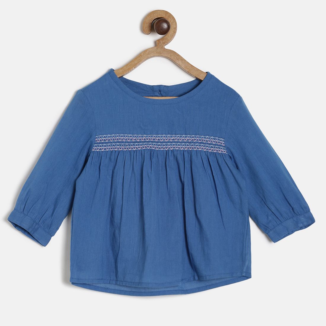 Baby Girls Blue Smocked Cotton Top Regular Fit Casual Baby Top