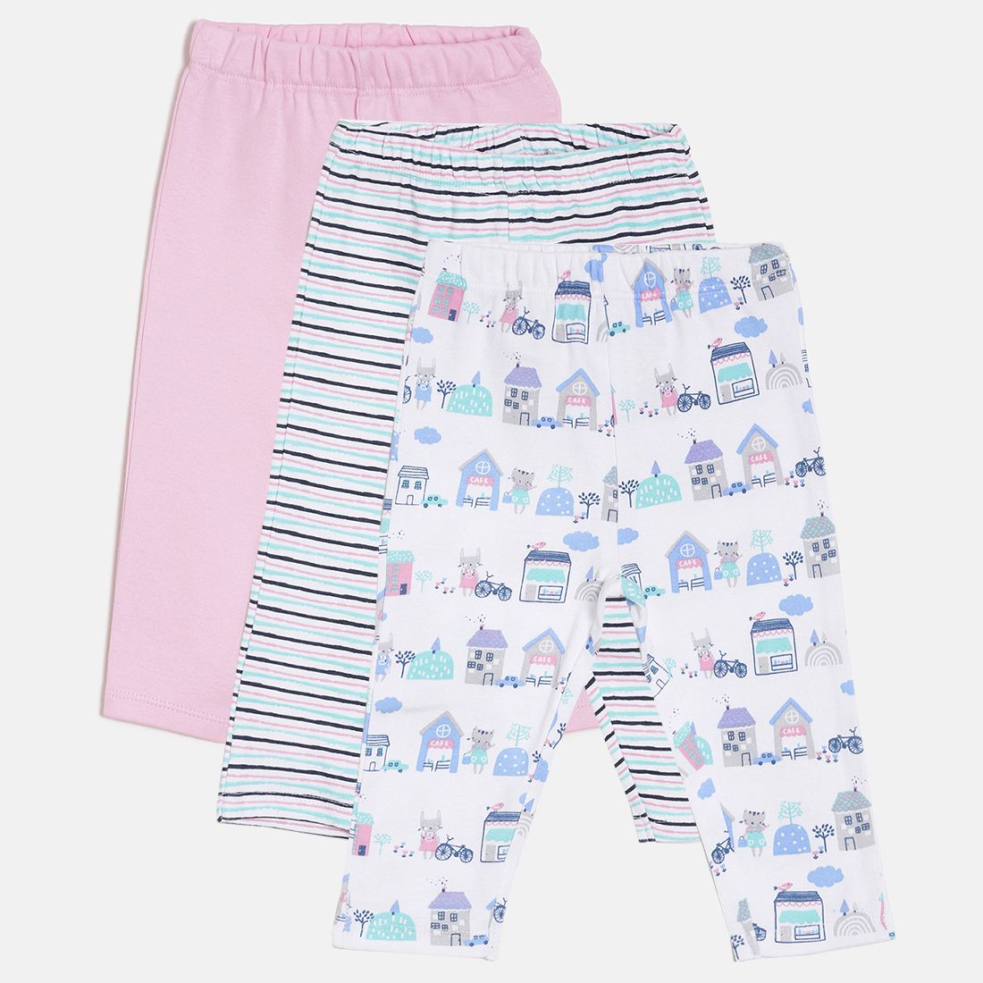 Baby Girls Pink White & Blue Printed Cotton Leggings Pack of 3 Regular Fit Casual Baby Leggings