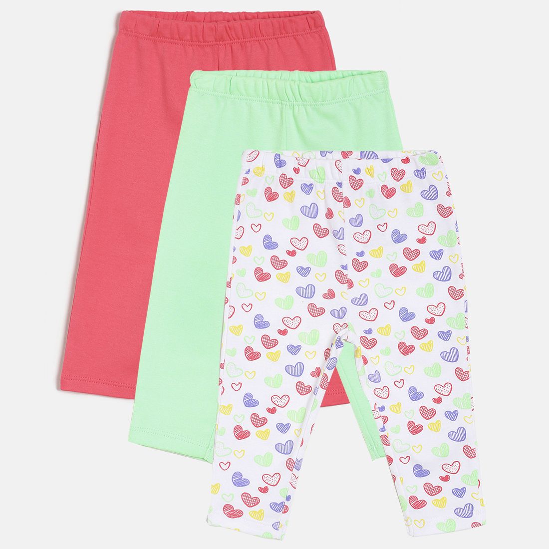 Baby Girls Pink Green & White Printed Cotton Leggings Pack of 3 Regular Fit Casual Baby Leggings