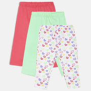 Baby Girls Pink Green & White Printed Cotton Leggings Pack of 3 Regular Fit Casual Baby Leggings
