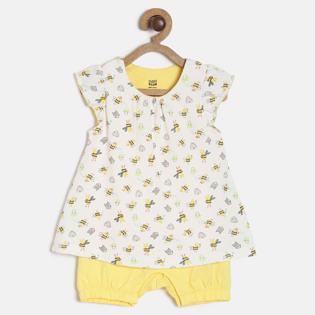 Baby Girls White & Yellow Bee Print Cotton Top with Shorts Regular Fit Casual Co-ord Set
