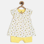 Baby Girls White & Yellow Bee Print Cotton Top with Shorts Regular Fit Casual Co-ord Set