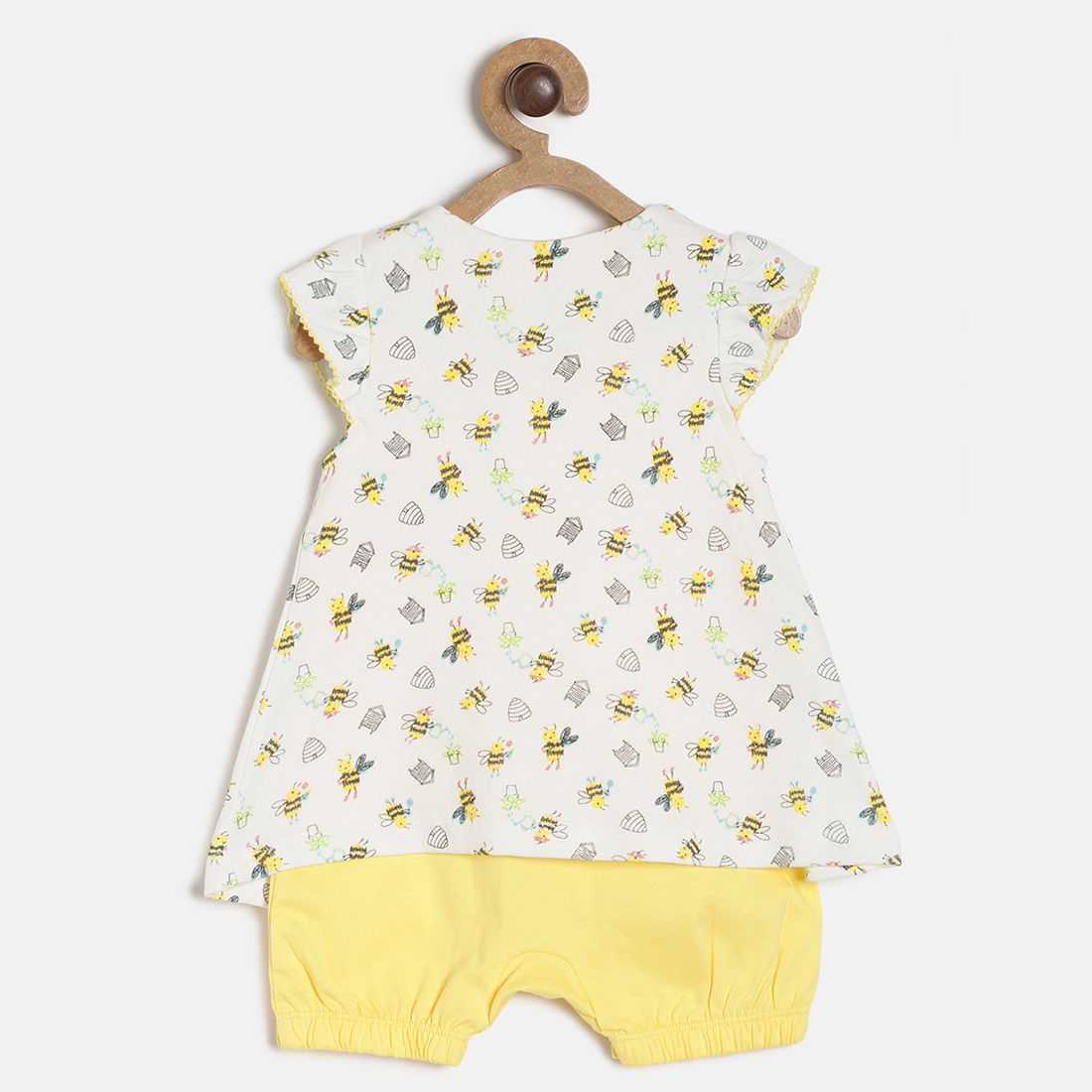 Baby Girls White & Yellow Bee Print Cotton Top with Shorts Regular Fit Casual Co-ord Set