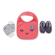 Baby Girls Coral Pink Navy Blue and White Cotton Bib Mittens and Booties Set Floral Print Newborn Essentials