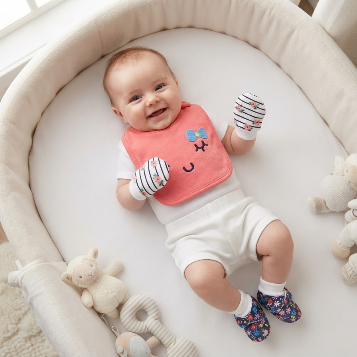 Baby Girls Coral Pink Navy Blue and White Cotton Bib Mittens and Booties Set Floral Print Newborn Essentials