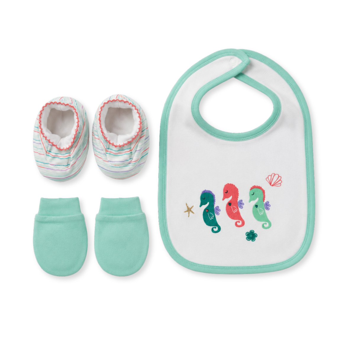 Baby Aqua White and Coral Cotton Bib Mittens and Booties Set Seahorse Design Newborn Essentials