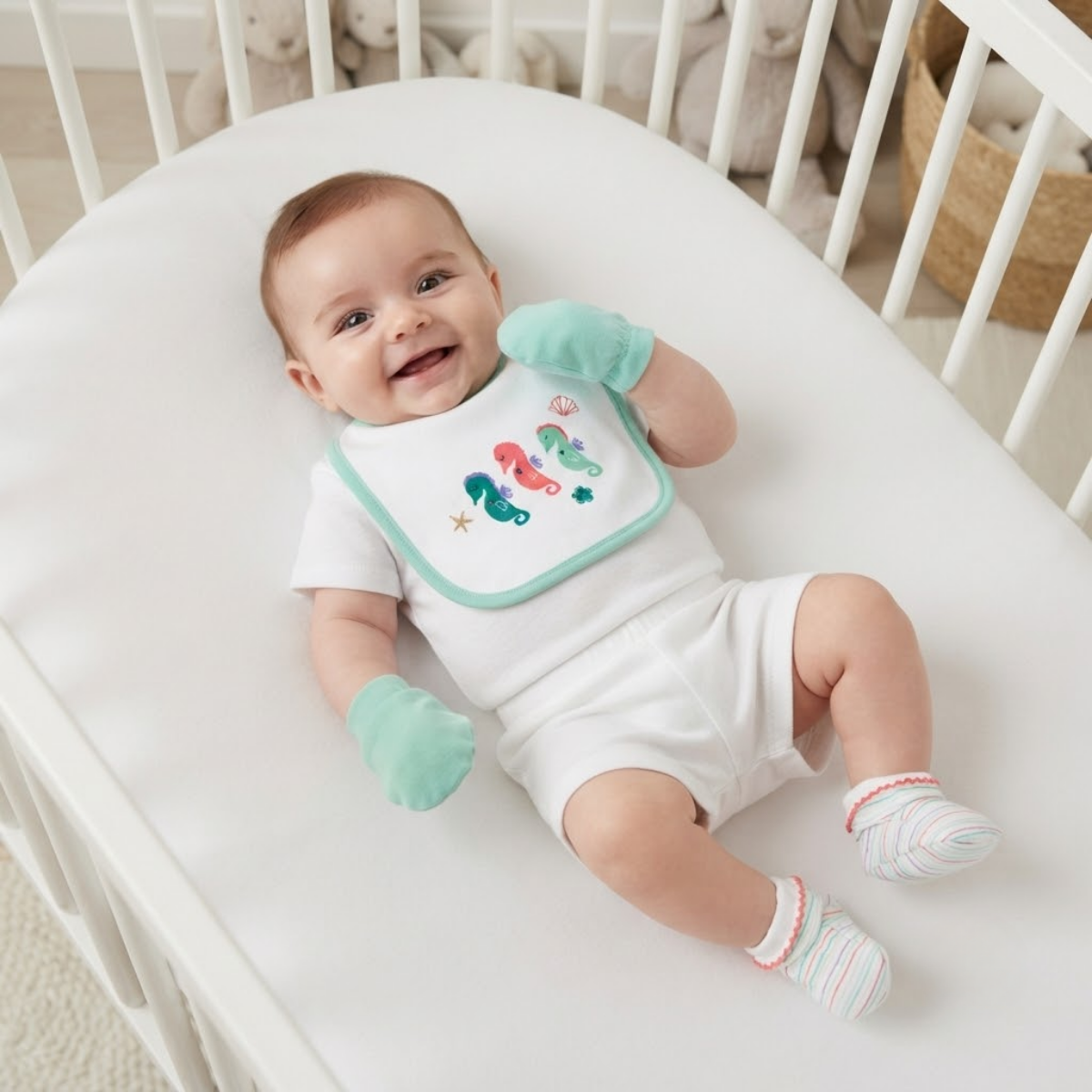 Baby Aqua White and Coral Cotton Bib Mittens and Booties Set Seahorse Design Newborn Essentials