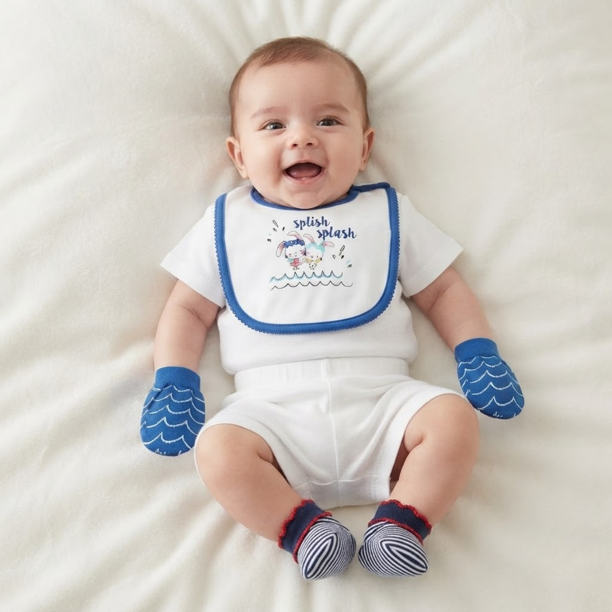 Baby Blue White and Navy Cotton Bib Mittens and Booties Set Bunny Design Newborn Essentials
