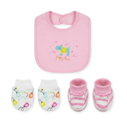 Baby Girls Pink White and Aqua Cotton Bib Mittens and Booties Set Puppy Design Newborn Essentials