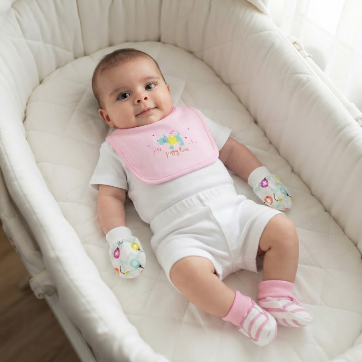 Baby Girls Pink White and Aqua Cotton Bib Mittens and Booties Set Puppy Design Newborn Essentials