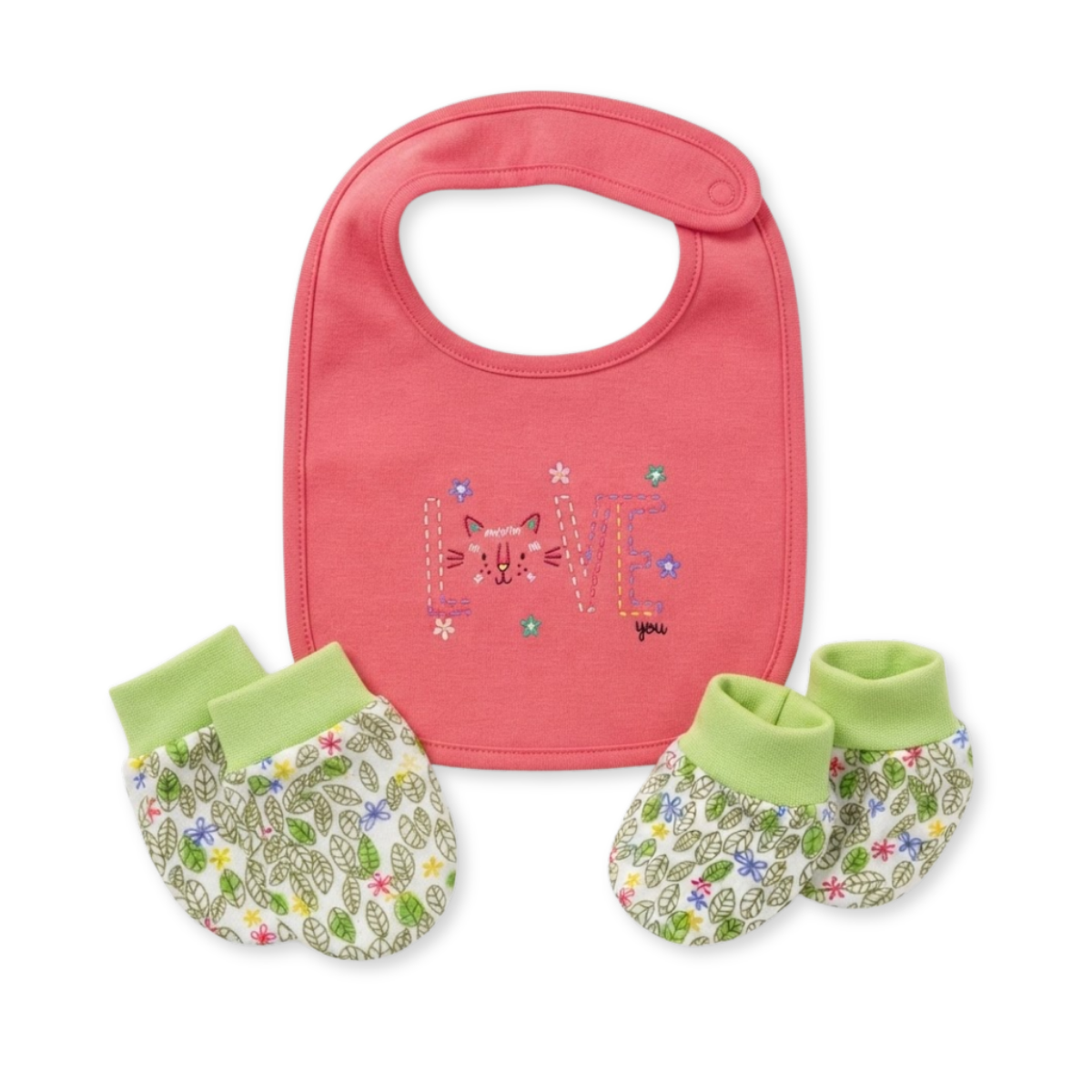 Baby Girls Coral Pink White and Green Cotton Bib Mittens and Booties Set Floral Print Newborn Essentials