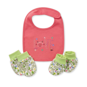 Baby Girls Coral Pink White and Green Cotton Bib Mittens and Booties Set Floral Print Newborn Essentials