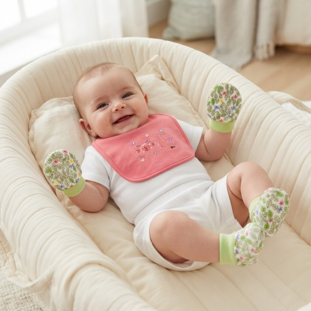 Baby Girls Coral Pink White and Green Cotton Bib Mittens and Booties Set Floral Print Newborn Essentials